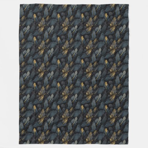Elegant black gold feathers pattern fleece blanket