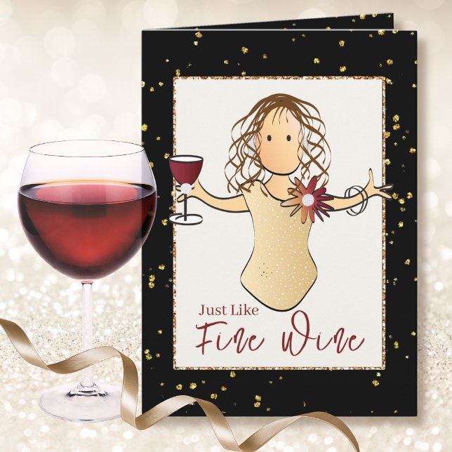 Elegant Black Gold Female Cartoon Wine Birthday  Card (Creator Uploaded)