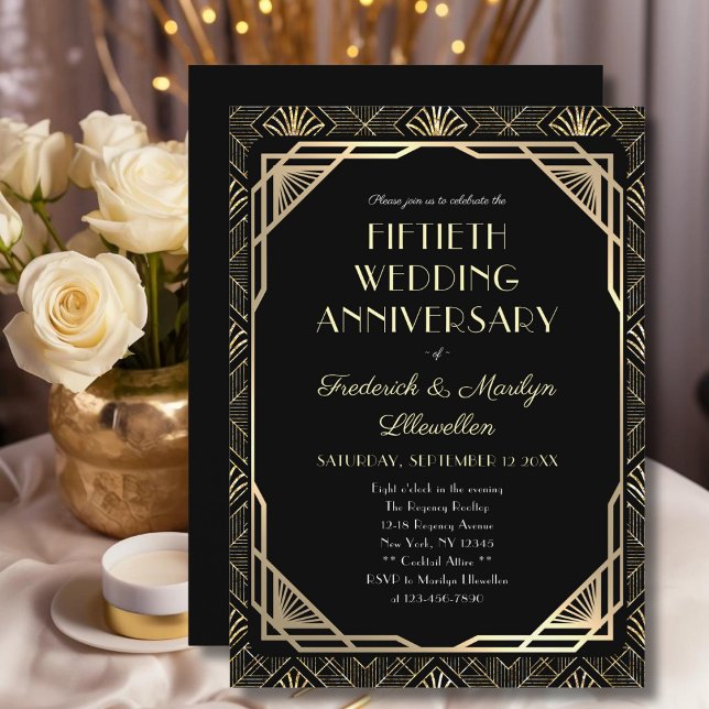 Elegant Black Gold Fiftieth Wedding Anniversary Invitation (Creator Uploaded)