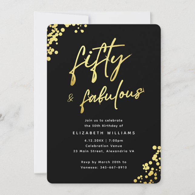 Elegant Black Gold Fifty and Fabulous Birthday Invitation (Front)