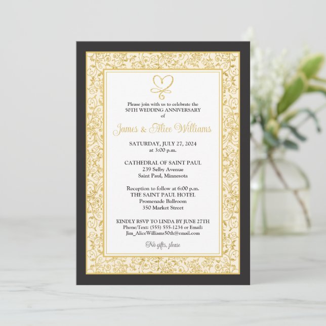 Elegant Black, Gold Filigree, Heart Anniversary (Standing Front)