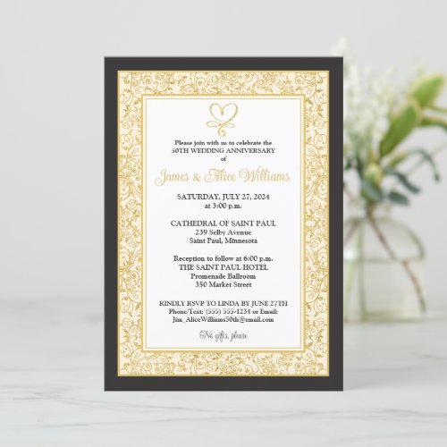 Elegant Black Gold Filigree Heart Anniversary