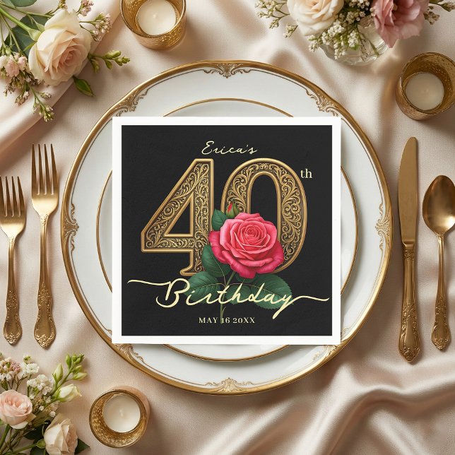 Elegant Black Gold Filigree Red Rose 40th Birthday Napkins (Creator Uploaded)
