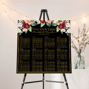 Elegant Black Gold Find Your Seat Burgundy Floral  Foam Board
