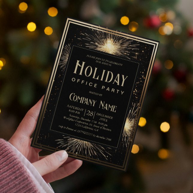 Elegant Black Gold Fireworks Holiday Office Party Invitation (Creator Uploaded)