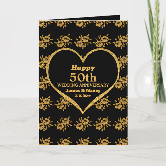 Elegant Black Gold Floral 50th Wedding Anniversary Card | Zazzle
