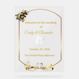 Elegant Black Gold Floral Acrylic Welcome Sign