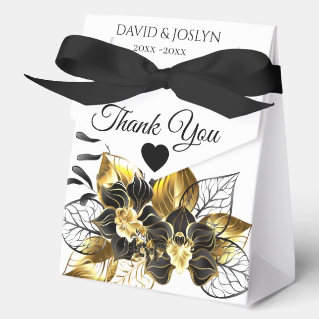 Elegant Black & Gold Floral Anniversary Party Favor Boxes (Front)