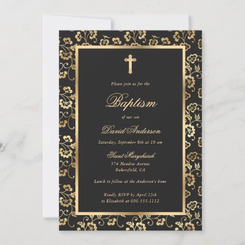 Elegant Black Gold Floral Boy Baptism Invitation