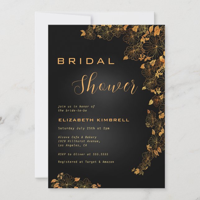 Elegant Black Gold Floral Bridal Shower Invita Invitation (Front)