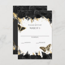 Elegant Black Gold Floral Butterflies Quinceanera RSVP Card