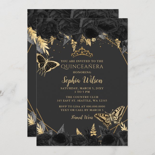 Elegant Black  Gold Floral Butterfly Quinceañera Invitation (Front/Back)