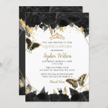 Elegant Black Gold Floral Butterfly Quinceañera Invitation