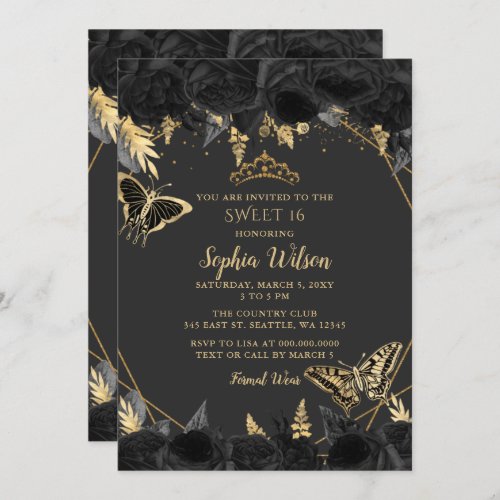Elegant Black Gold Floral Butterfly sweet 16 Invitation