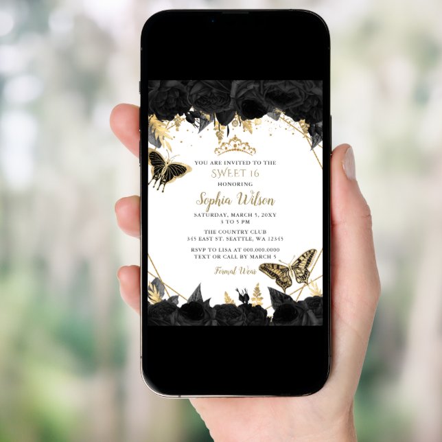 Elegant Black Gold Floral Butterfly Sweet 16 Invitation (Front Digital)