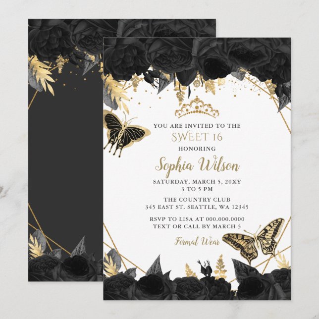 Elegant Black Gold Floral Butterfly Sweet 16 Invitation (Front/Back)