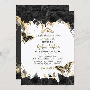 Elegant Black Gold Floral Butterfly Sweet 16 Invitation
