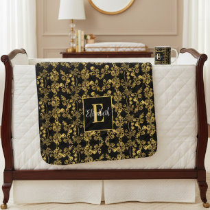 Elegant Black & Gold Floral Damask Custom Name Baby Blanket