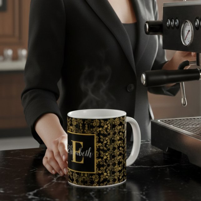 Elegant Black & Gold Floral Damask Custom Name Coffee Mug (Creator Uploaded)