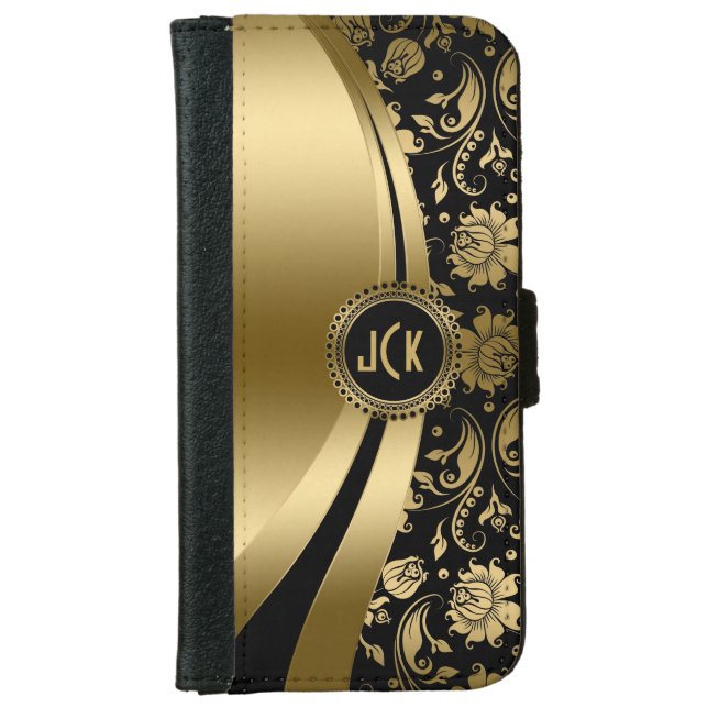 Elegant Black & Gold Floral Damask & Dynamic Lines iPhone Wallet Case (Front)