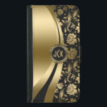 Elegant Black & Gold Floral Damask & Dynamic Lines Wallet Phone Case For Samsung Galaxy S5<br><div class="desc">Black and gold tones shiny metallic floral damask and dynamic modern lines design. Custom and optional monogram. Several variation on this design, with different position of the elements. Not actual glitter or metallic finis, but digital image effect. If you need any help customizing, changing color, or anything else to any...</div>