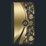 Elegant Black & Gold Floral Damask & Dynamic Lines Wallet Phone Case For Samsung Galaxy S5<br><div class="desc">Black and gold tones shiny metallic floral damask and dynamic modern lines design. Custom and optional monogram. Several variation on this design, with different position of the elements. Not actual glitter or metallic finis, but digital image effect. If you need any help customizing, changing color, or anything else to any...</div>
