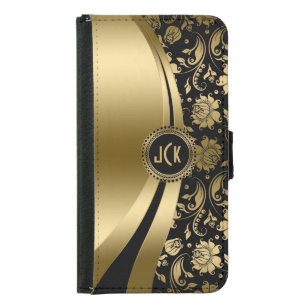 Elegant Black & Gold Floral Damask & Dynamic Lines Wallet Phone Case For Samsung Galaxy S5