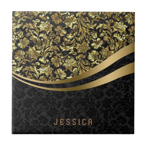 Elegant Black  Gold Floral Damask  Pattern Tile