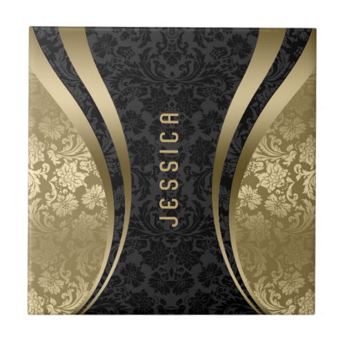 Elegant Black  Gold Floral Damask  Pattern Tile