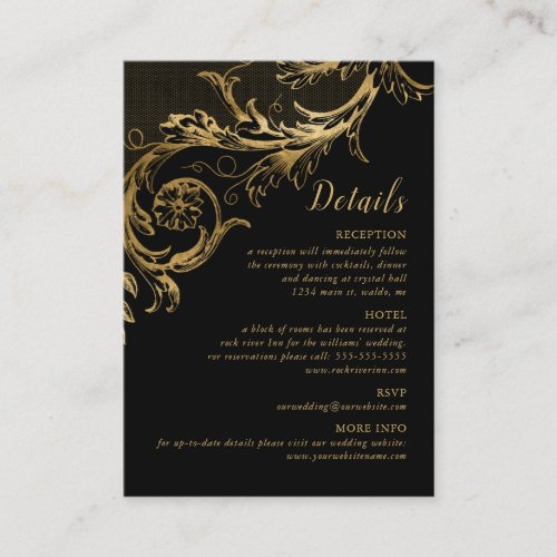 Elegant Black Gold Floral Damask Wedding Details Enclosure Card