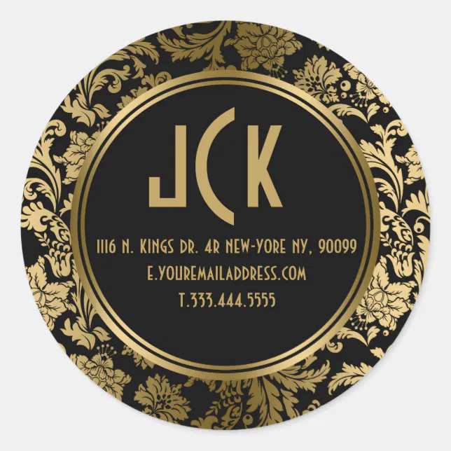 Elegant Black & Gold Floral Damasks 2 Pattern Classic Round Sticker