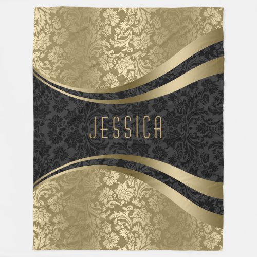 Elegant Black  Gold Floral Damasks Fleece Blanket