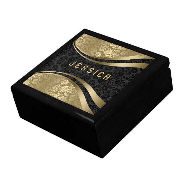 Elegant Black & Gold Floral Damasks Pattern Jewelry Box (Side)