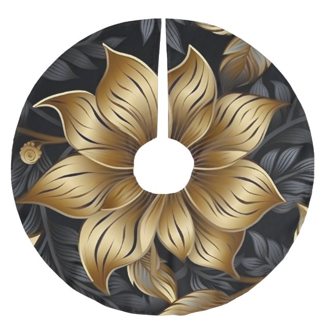 Elegant Black Gold Floral Design Christmas Brushed Polyester Tree Skirt (Front)
