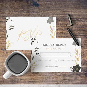 Elegant Black Gold Floral Elegant Wedding RSVP Note Card