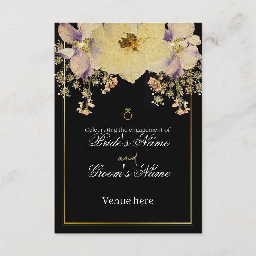 Elegant Black & Gold Floral Engagement Party  Invitation