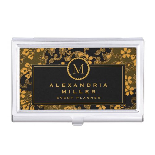 Elegant Black  Gold Floral Flourish  Monogram Business Card Case