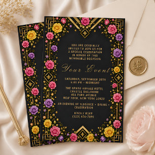 Elegant Black Gold Floral Gala Invitation