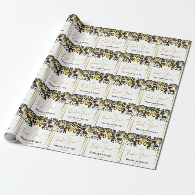 Elegant Black Gold Floral Geometric Wedding Wrapping Paper (Unrolled)