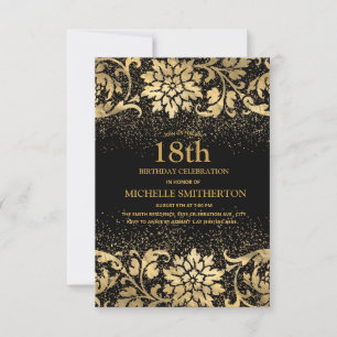 Elegant Black Gold Floral Glitter 18th Birthday Invitation