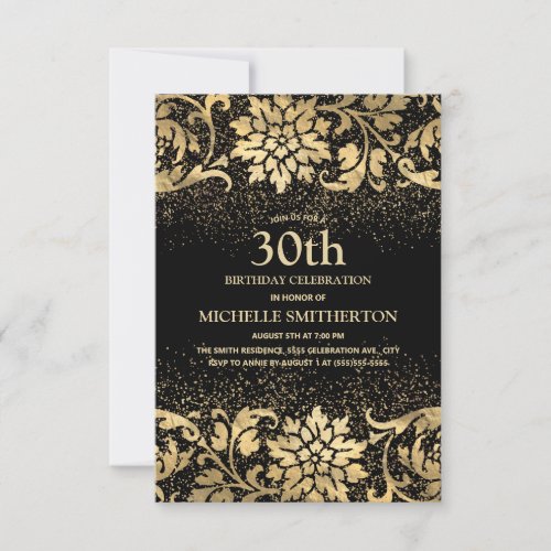Elegant Black Gold Floral Glitter 30th Birthday Invitation