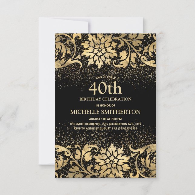 Elegant Black Gold Floral Glitter 40th Birthday Invitation (Front)