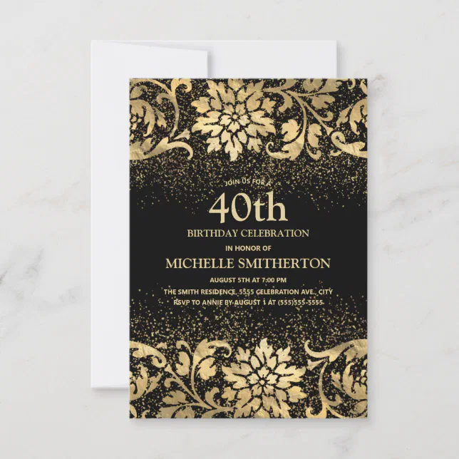 Elegant Black Gold Floral Glitter 40th Birthday Invitation | Zazzle