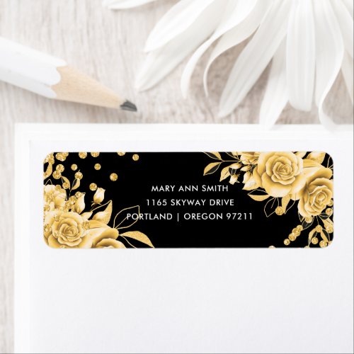 Elegant Black Gold Floral Glitter Confetti  Label