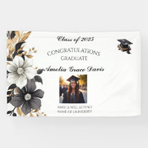 Elegant Black & Gold Floral Graduation Banner