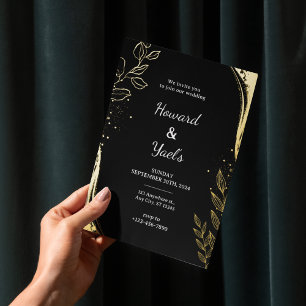 Elegant Black Gold Floral   Leaf Design Wedding  Foil Invitation
