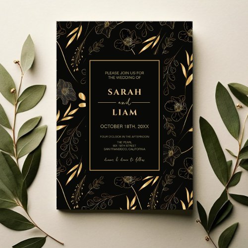 Elegant Black  Gold Floral Luxury Romantic Wedding Invitation
