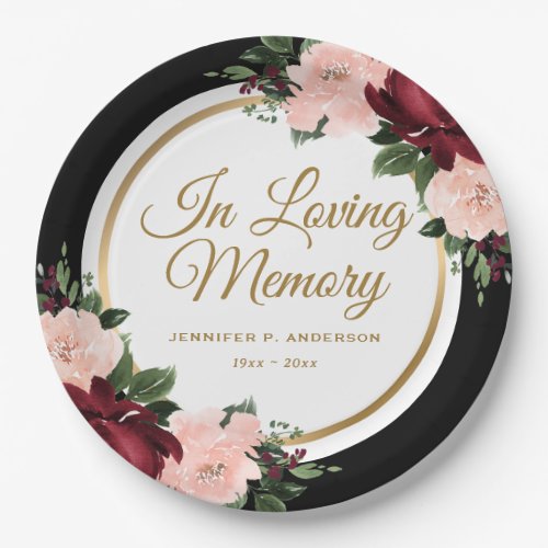 Elegant Black Gold Floral Memorial Funeral Paper Plates