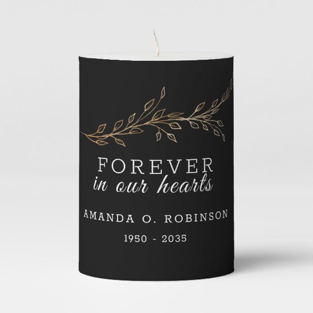 Elegant  Black Gold Floral Memorial Pillar Candle (Front)