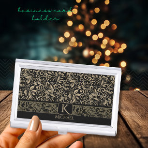 Elegant Black& Gold Floral Monogram Business Card Case